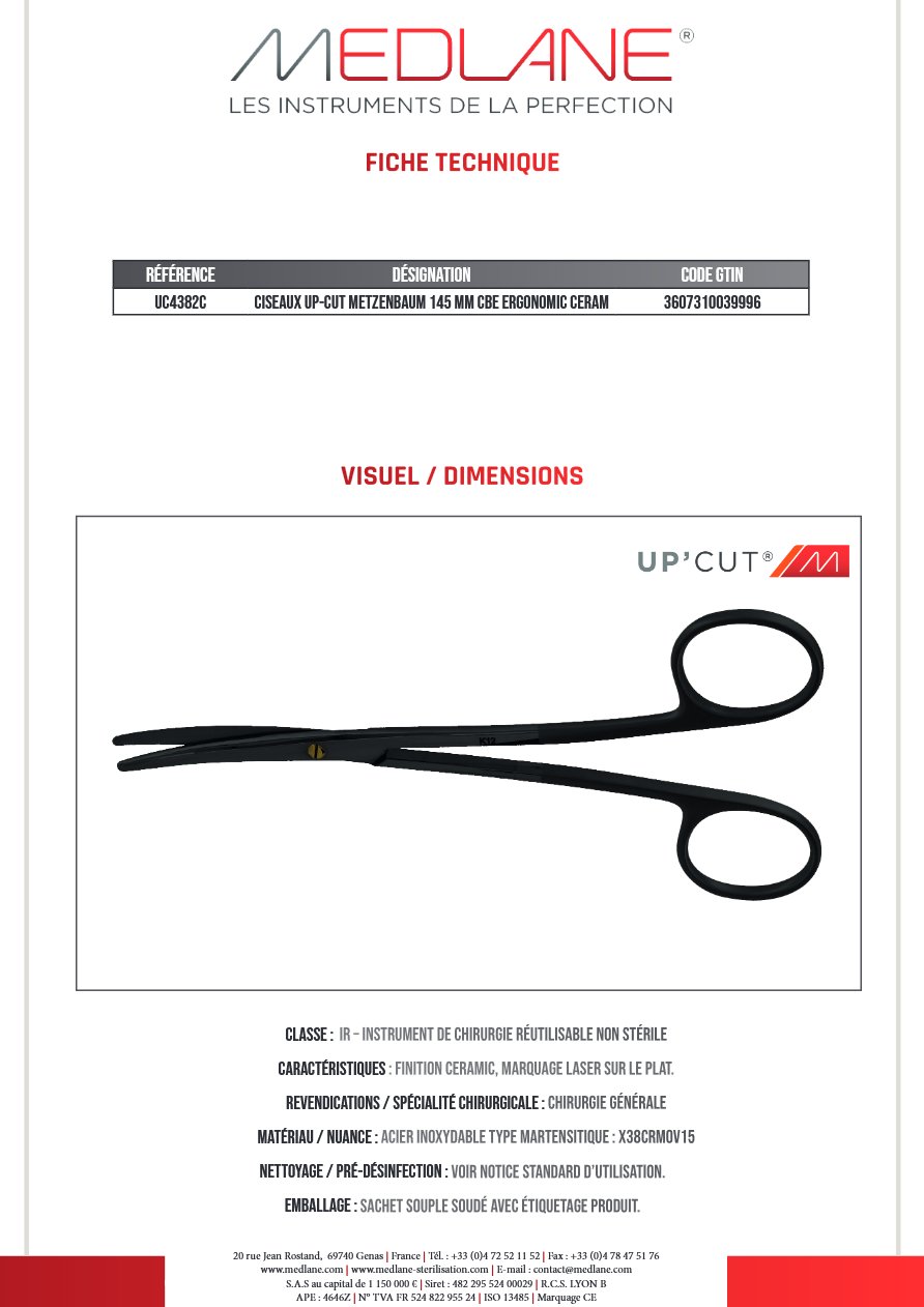 CISEAUX UP-CUT METZENBAUM 145 MM Courbe ERGONOMIC CERAM — REF UC4382C