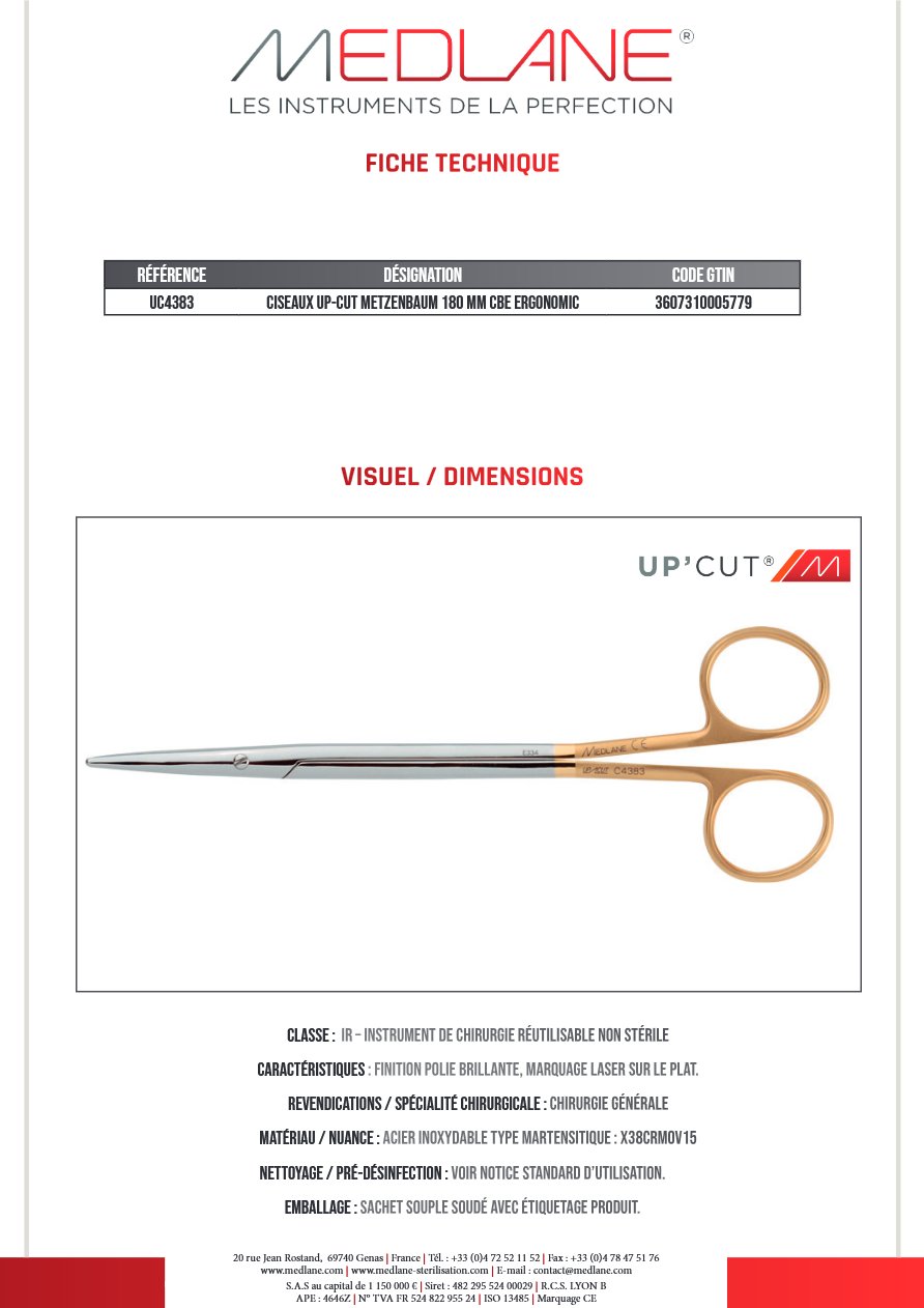 CISEAUX UP-CUT METZENBAUM 180 MM Courbe ERGONOMIC — REF UC4383