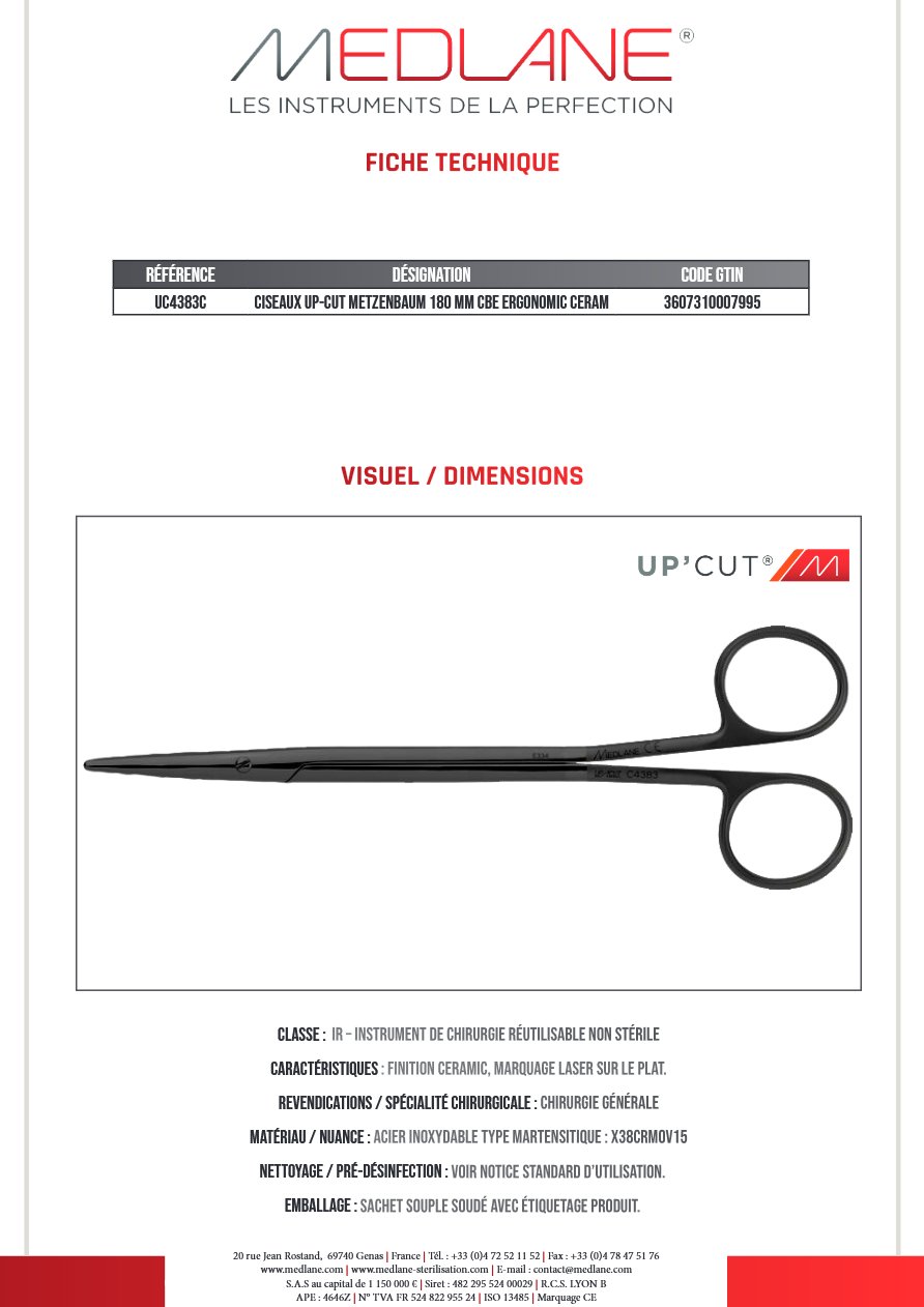 CISEAUX UP-CUT METZENBAUM 180 MM Courbe ERGONOMIC CERAM — REF UC4383C