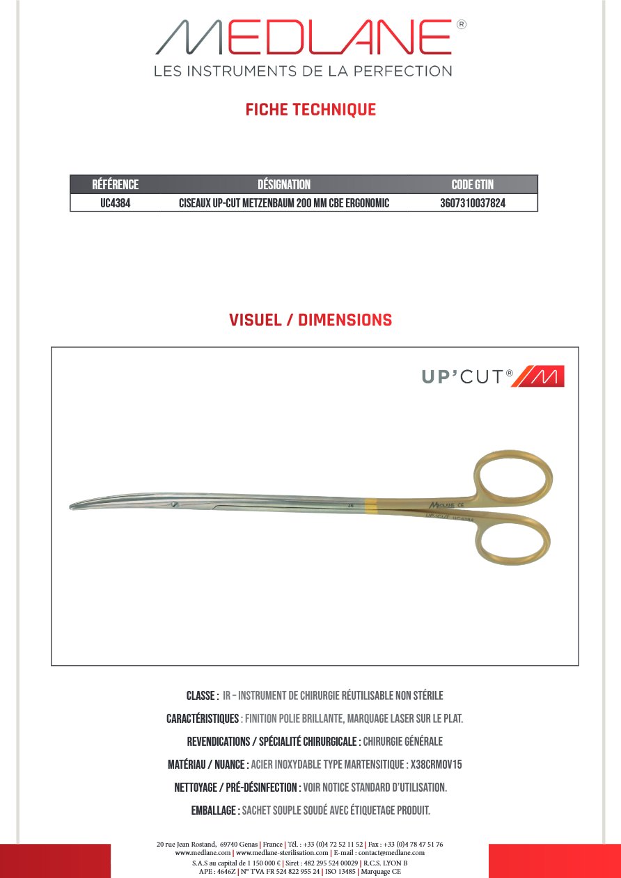 CISEAUX UP-CUT METZENBAUM 200 MM Courbe ERGONOMIC — REF UC4384