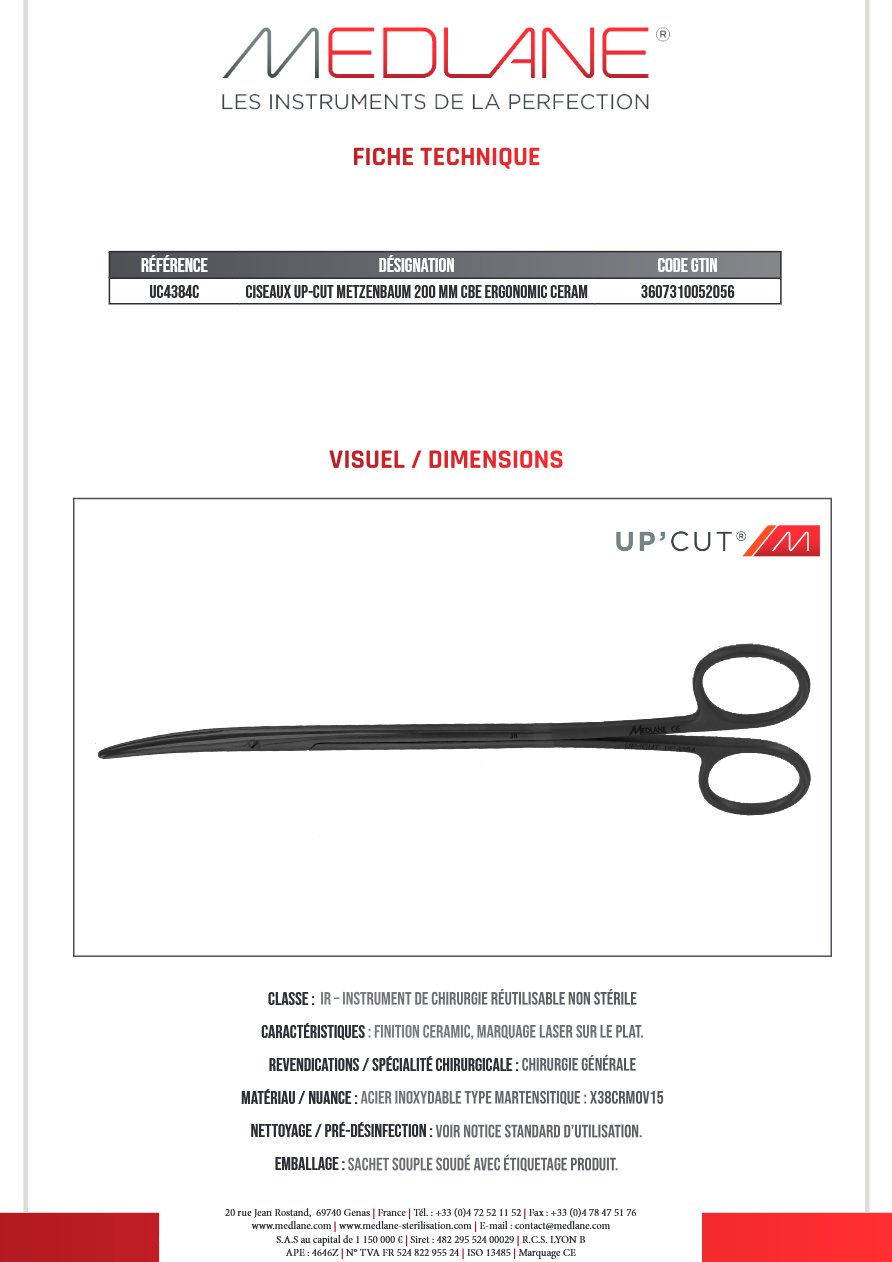 CISEAUX UP-CUT METZENBAUM 200 MM Courbe ERGONOMIC CERAM — REF UC4384C