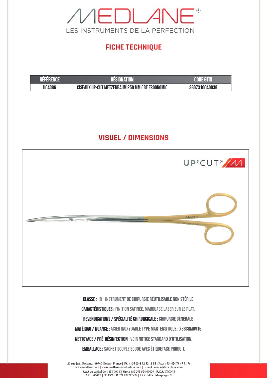 CISEAUX UP-CUT METZENBAUM 250 MM Courbe ERGONOMIC — REF UC4386
