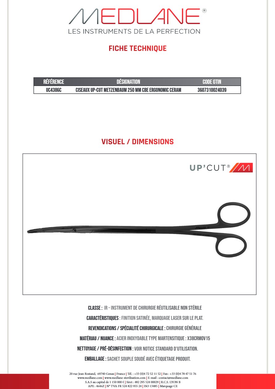 CISEAUX UP-CUT METZENBAUM 250 MM CBE ERGONOMIC CERAM — REF UC4386C