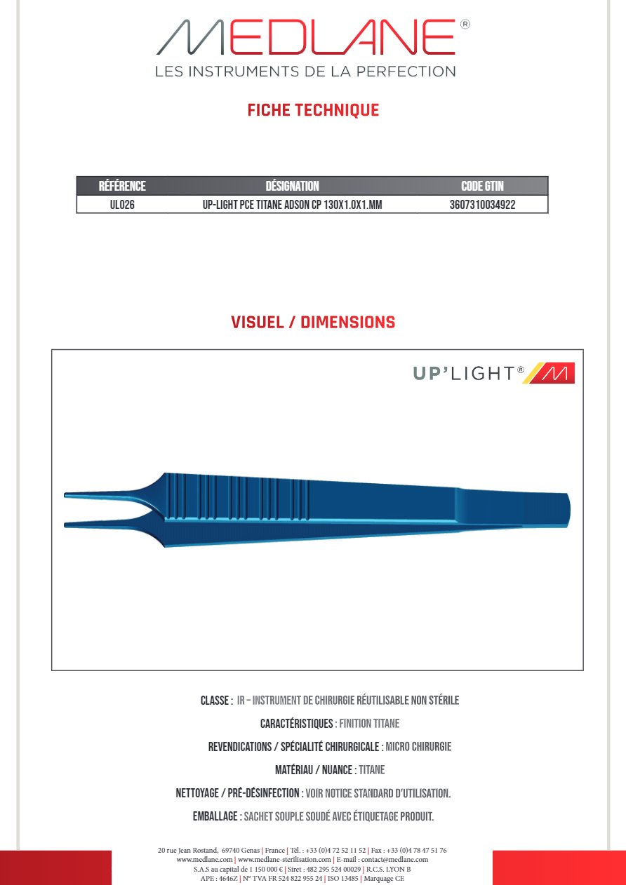Up-light Pince Titane Adson Cp 130X1.0X1.mm — REF UL026