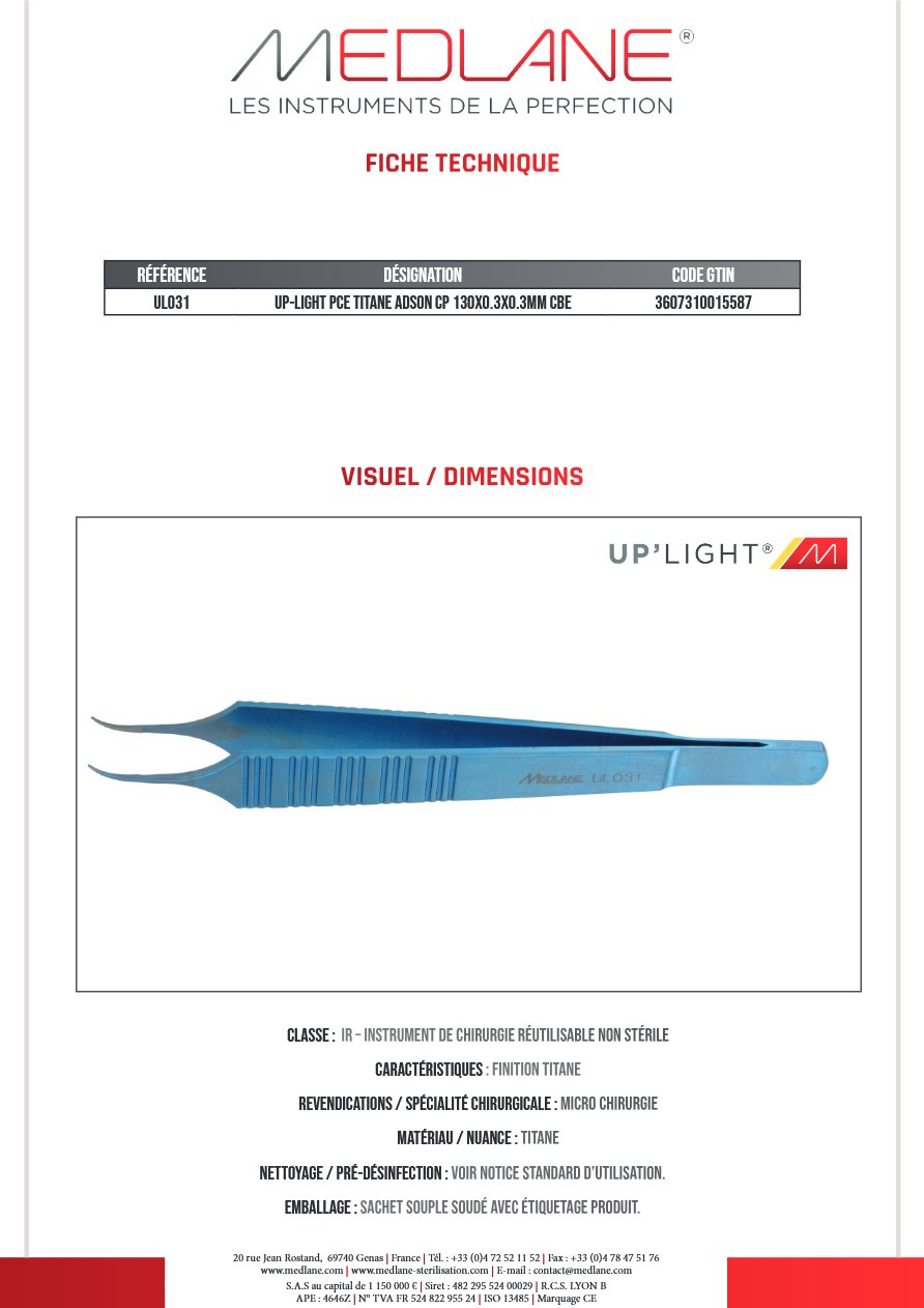 UP-LIGHT Pince TITANE ADSON CP 130X0.3X0.3MM Courbe — REF UL031