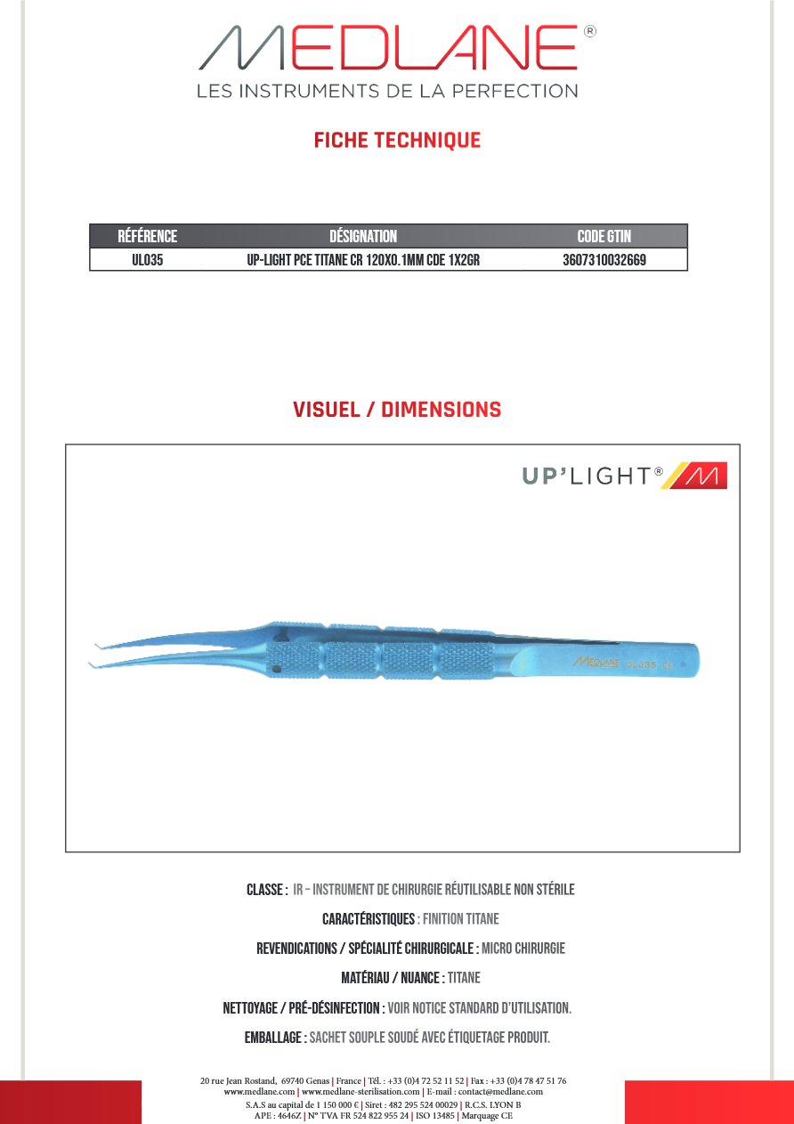Up-light Pince Titane Cr 120X0.1MM Coudé 1X2GR — REF UL035