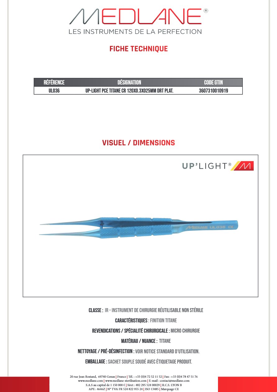 Up-light Pince Titane Cr 120X0.3X025MM Droit Plateau — REF UL036