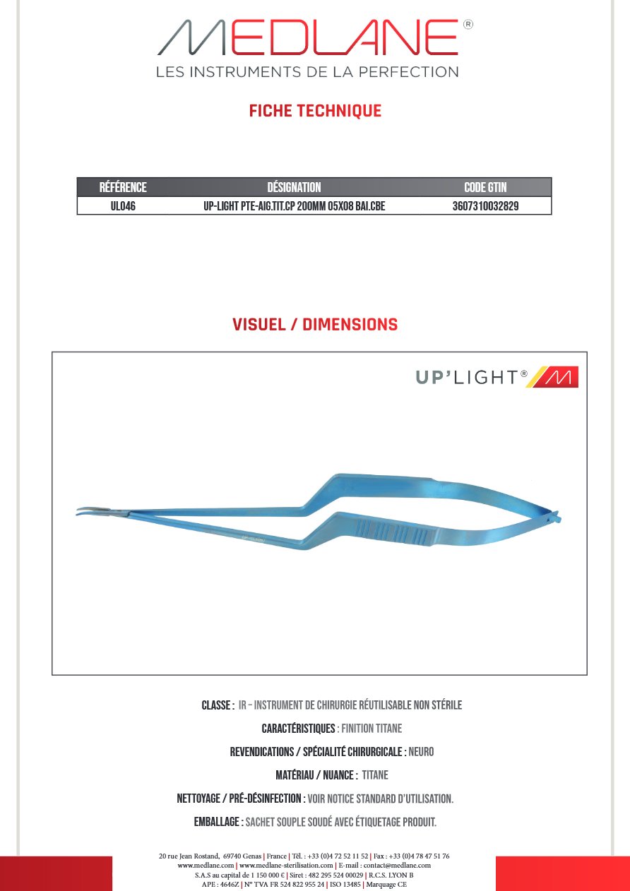 UP-LIGHT PTE-Aiguille Titane CP 200MM 05X08 BAI. Courbe — REF UL046