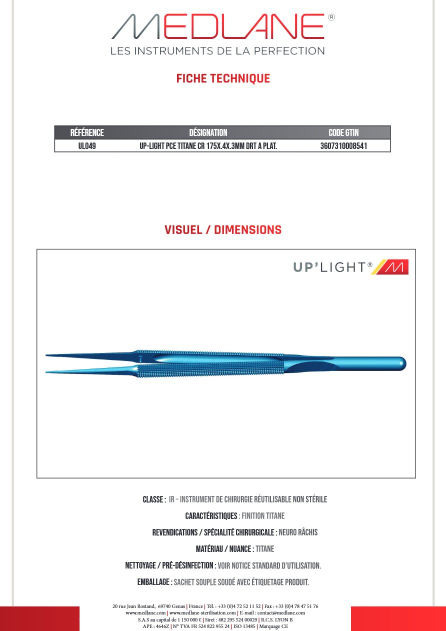Up-light Pince Titane Cr 175X.4X.3MM Droit a Plateau — REF UL049