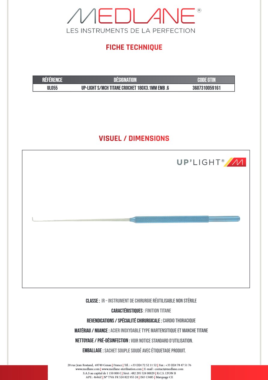 Up-light S/mch Titane Crochet 180X3.1MM Embout.6 — REF UL055