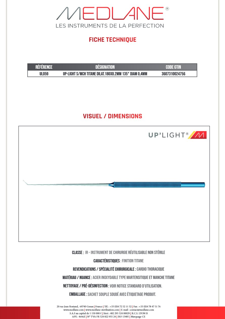 Up-light S/mch Titane Dilat.180x 8.2mm 135° Diamètre 0,4MM — REF UL059