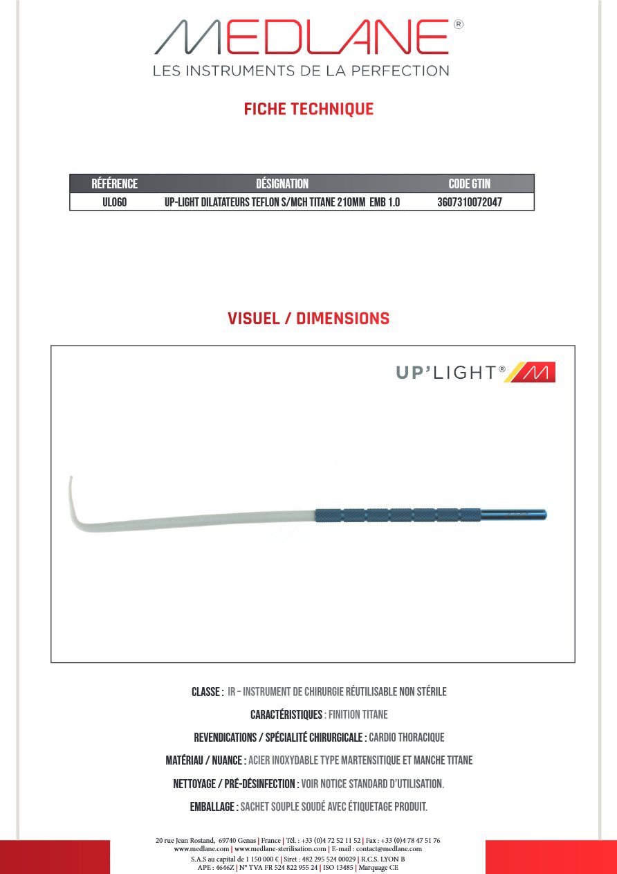 Up-light Dilatateurs Teflon S/mch Titane 210MM Embout 1.0 — REF UL060