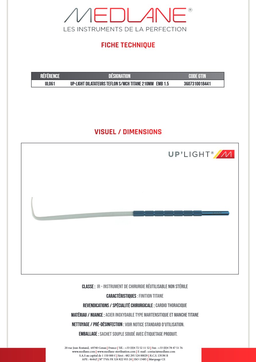 Up-light Dilatateurs Teflon S/mch Titane 210MM Embout 1.5 — REF UL061