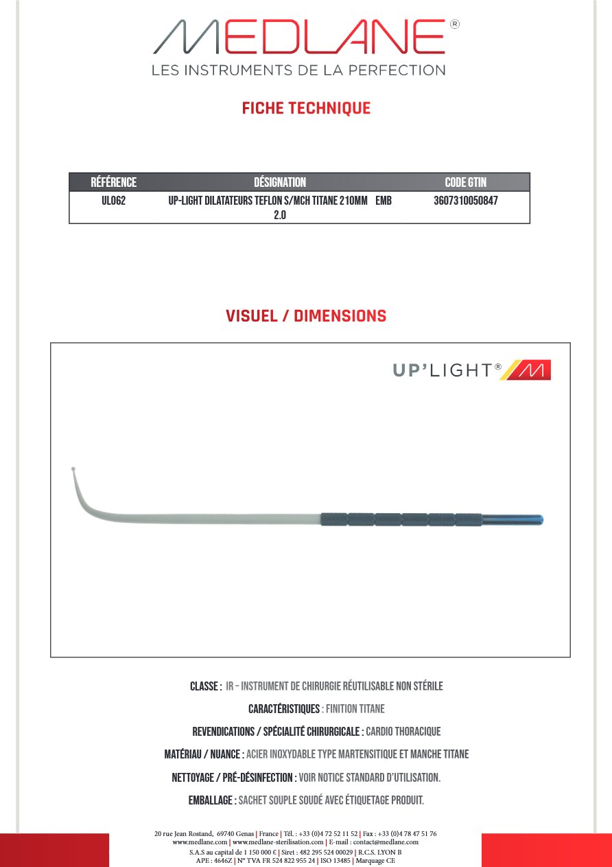 Up-light Dilatateurs Teflon S/mch Titane 210MM Embout 2.0 — REF UL062