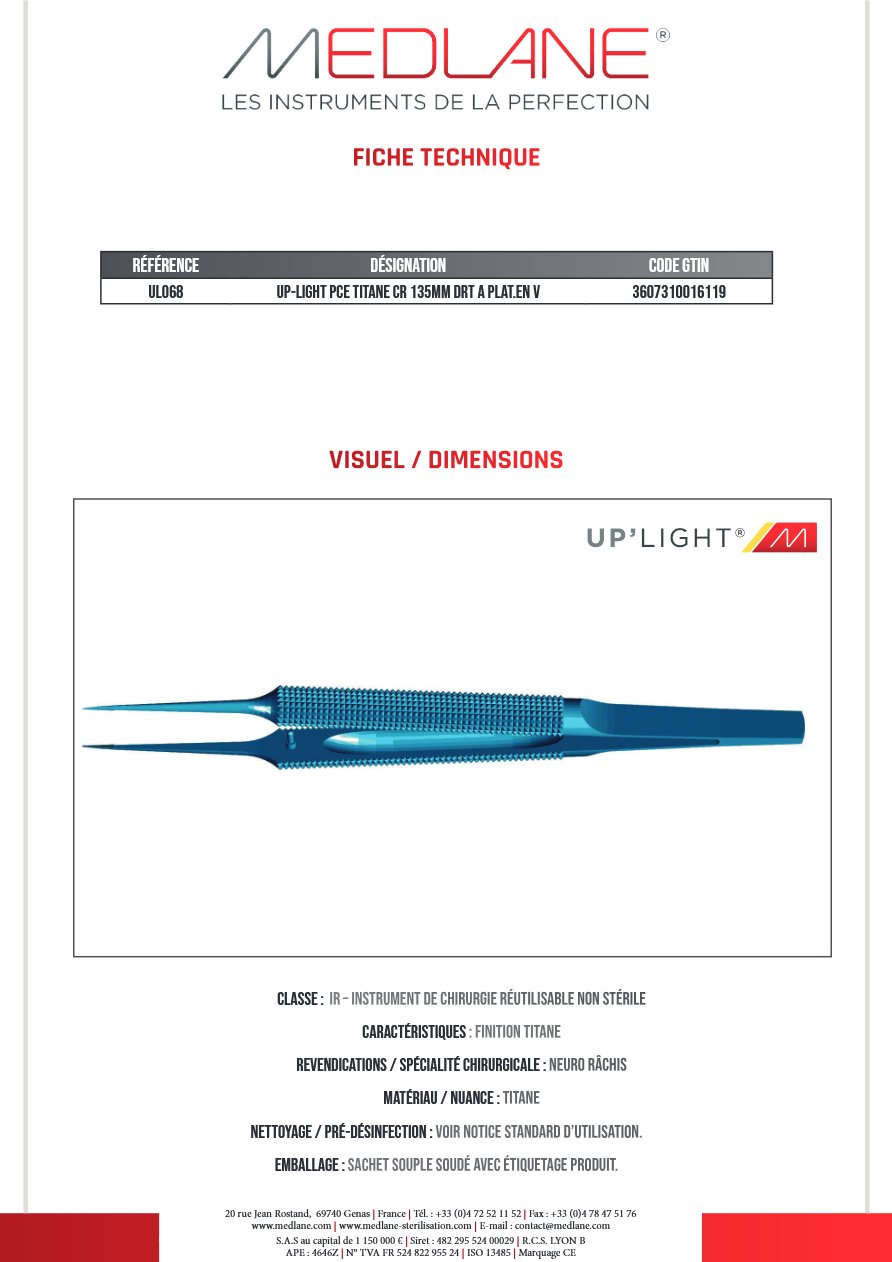 UP-LIGHT Pince TITANE CR 135MM Droit A PLAT. Entérotome V — REF UL068