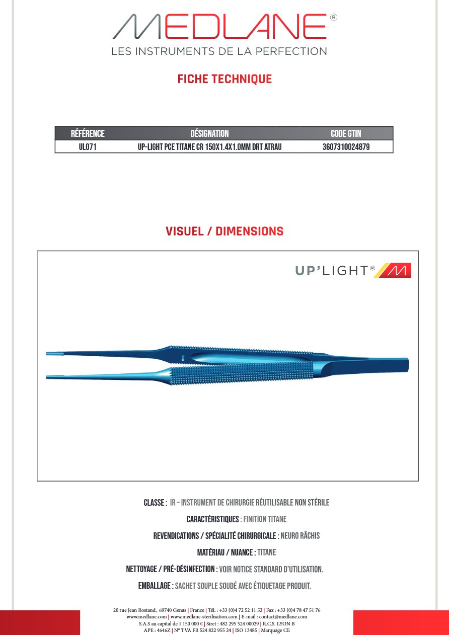 Photo produit MEDLANE : UP-LIGHT Pince TITANE CR 150X1.4X1.0MM Droit ATRAU, référence UL071