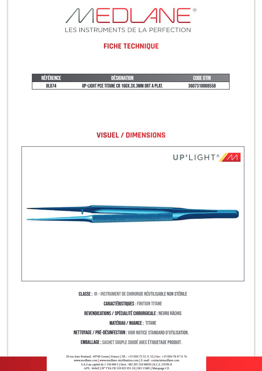 Up-light Pince Titane Cr 160X.3X.3MM Droit a Plateau — REF UL074