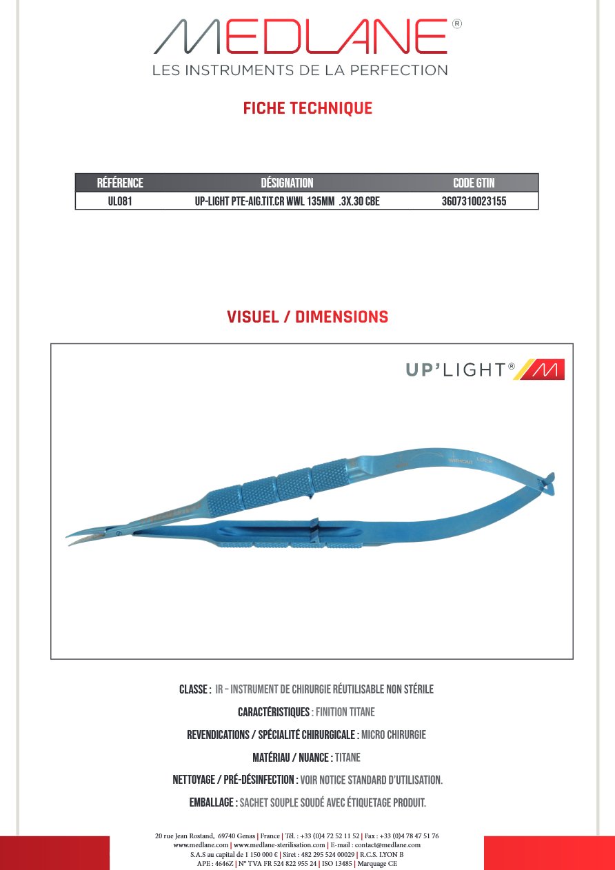 Photo produit MEDLANE : UP-LIGHT PTE-Aiguille Titane CR WWL 135MM.3X.30 Courbe, référence UL081