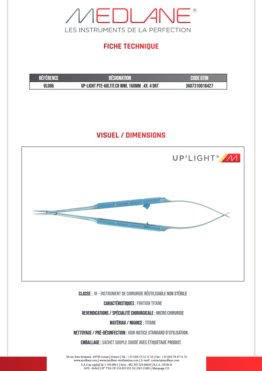 Up-light Pointe-Aiguille titane cr Wwl 160MM.4x.4 Droit — REF UL086