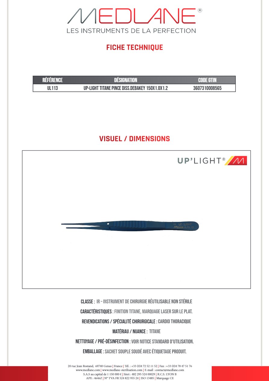 Up-light Titane Pince Dissection debakey 150X1.0X1.2 — REF UL113