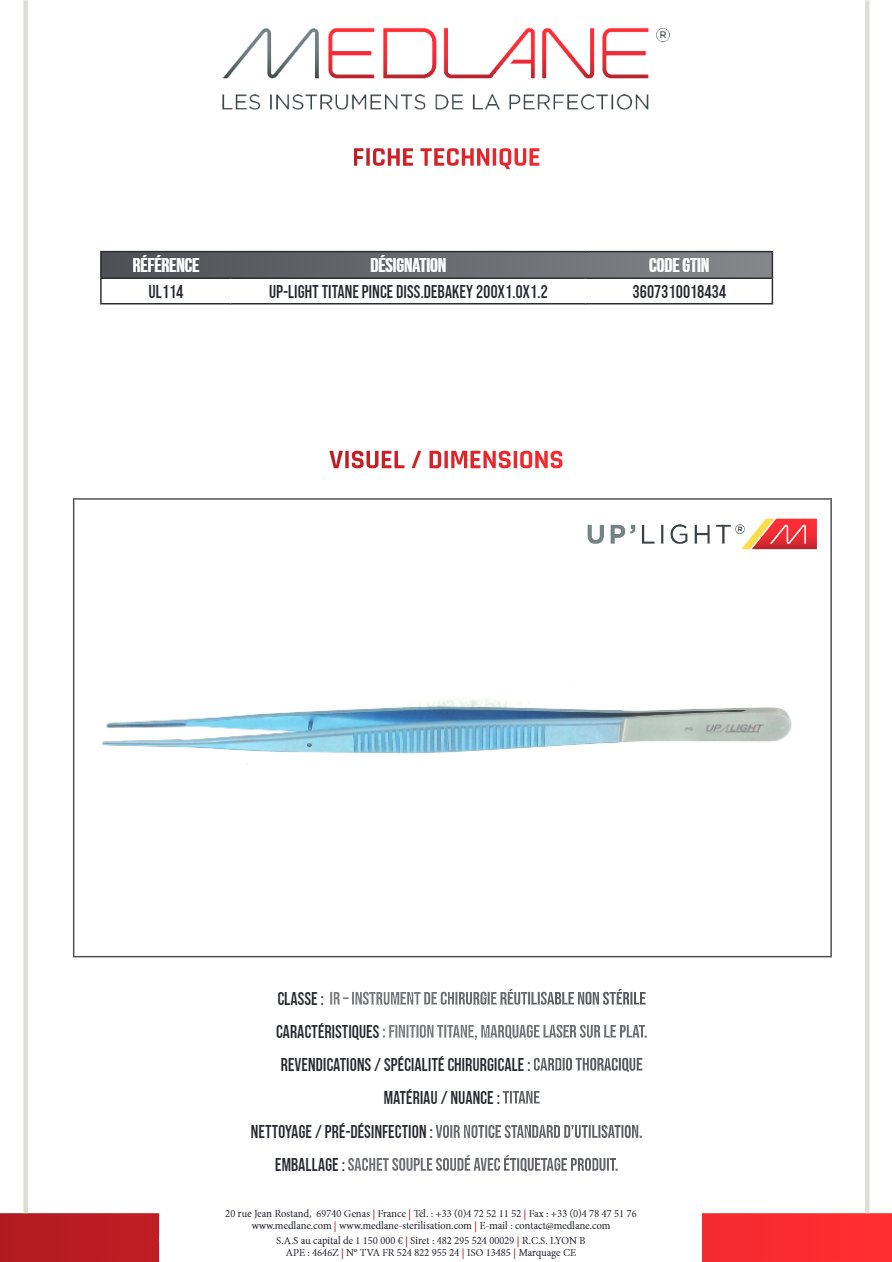 Up-light Titane Pince Dissection debakey 200X1.0X1.2 — REF UL114