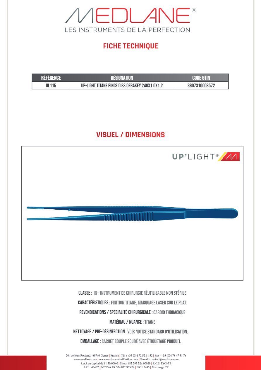 Up-light Titane Pince Dissection debakey 240X1.0X1.2 — REF UL115