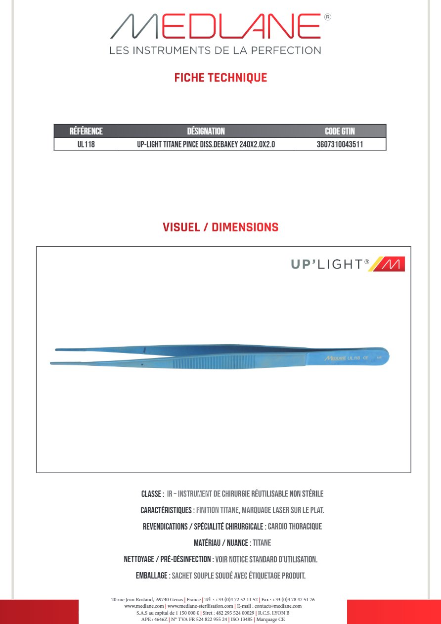 Up-light Titane Pince Dissection debakey 240X2.0X2.0 — REF UL118