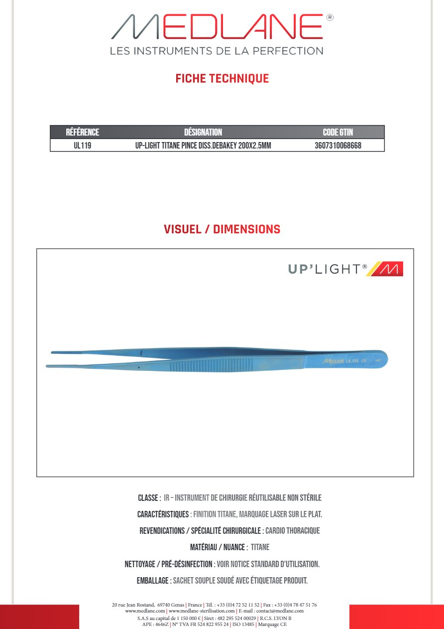 Up-light Titane Pince Dissection debakey 200X2.5MM — REF UL119