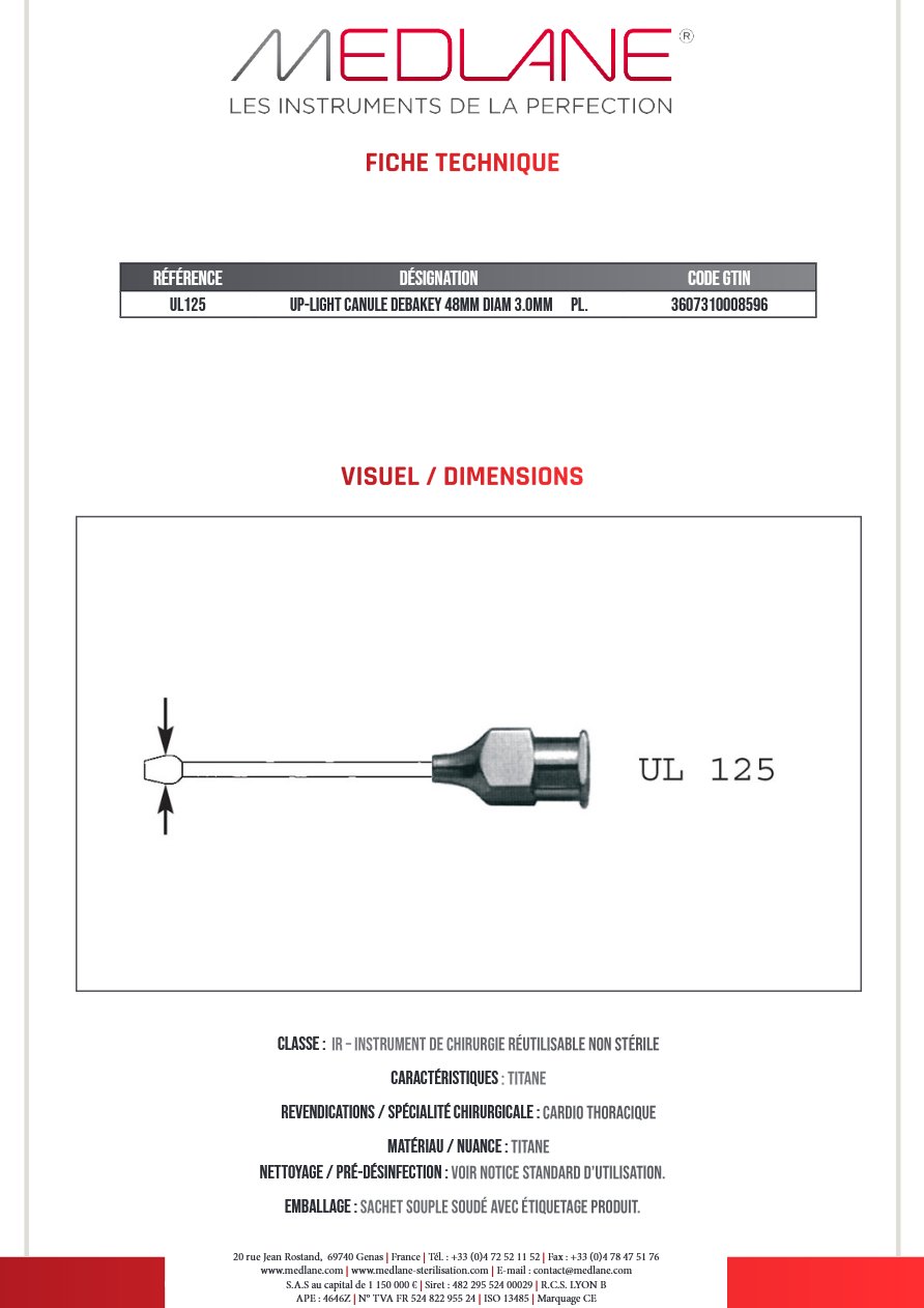 Up-light Canule Debakey 48MM Diamètre 3.0MM Pl. — REF UL125