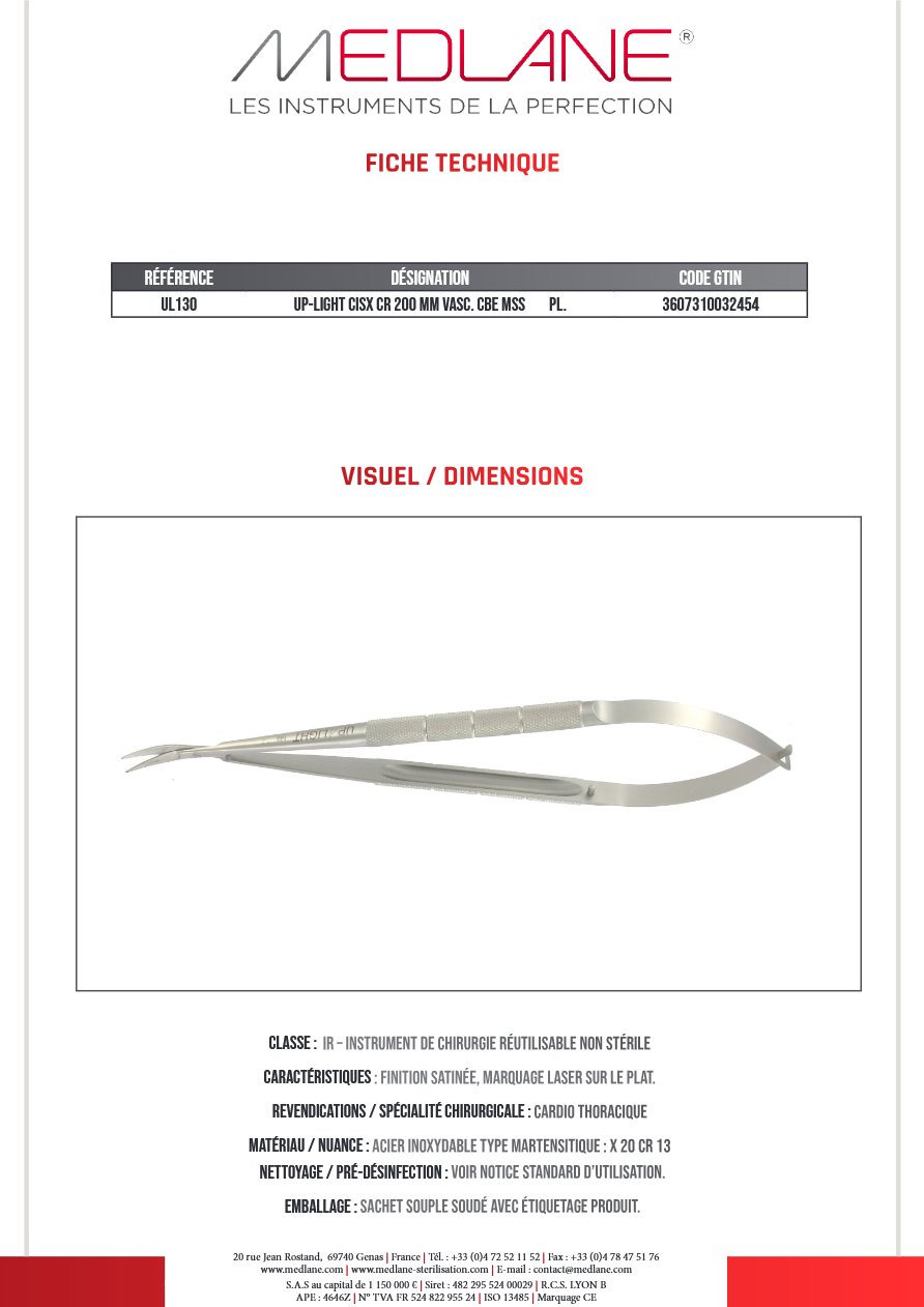 Up-light Ciseaux Cr 200 mm Vasculaire Courbe Mousse Pl. — REF UL130