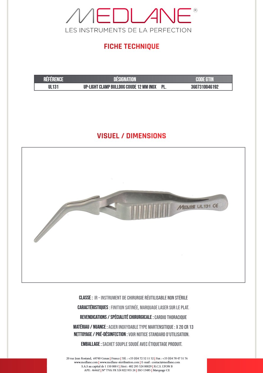 Photo produit MEDLANE : Up-light Clamp Bulldog Coude 12 mm Inox Pl., référence UL131