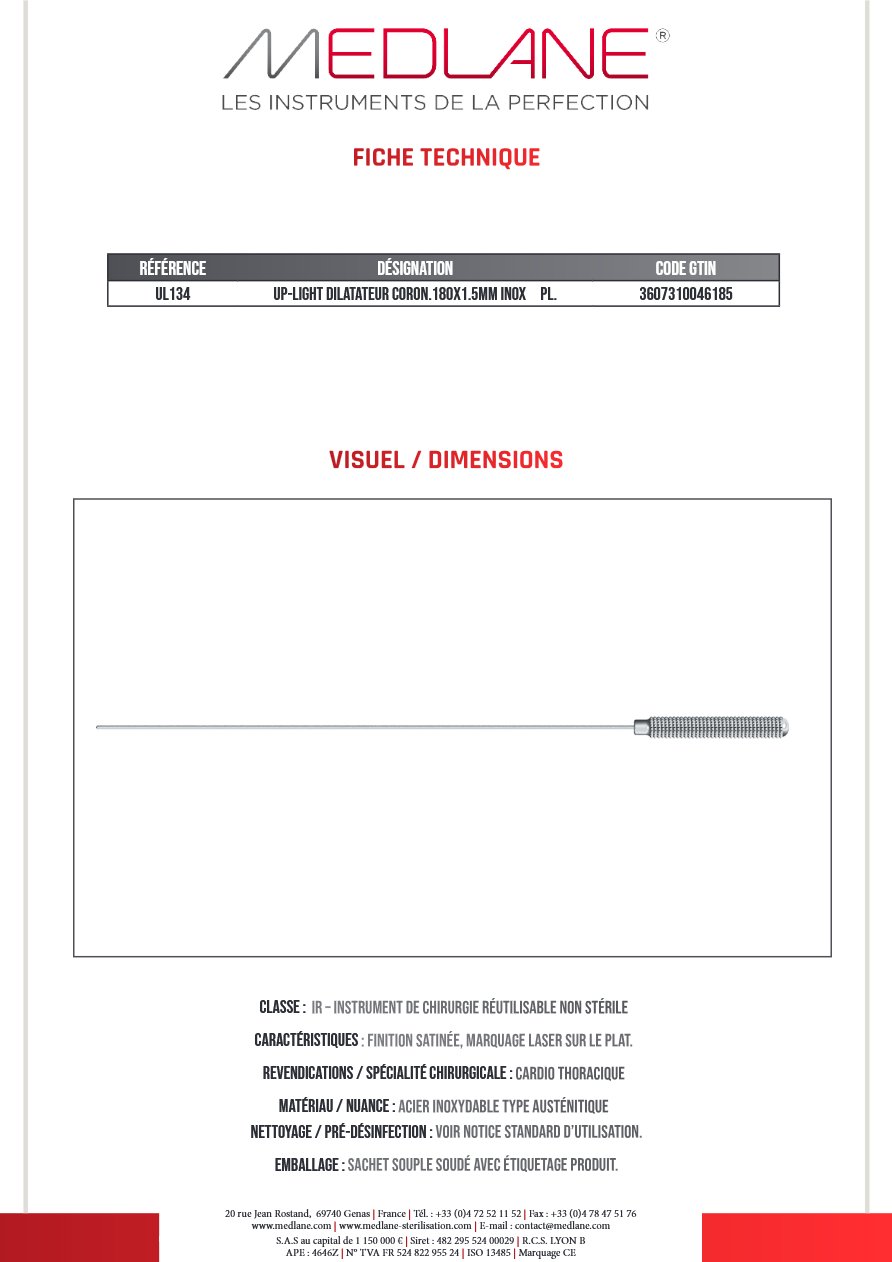 Up-light Dilatateur Coron.180x 1.5mm Inox Pl. — REF UL134