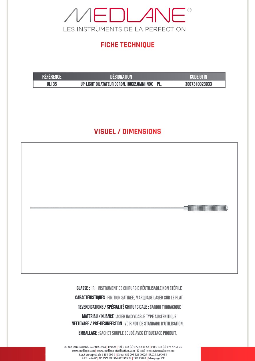 Up-light Dilatateur Coron.180x 2.0mm Inox Pl. — REF UL135