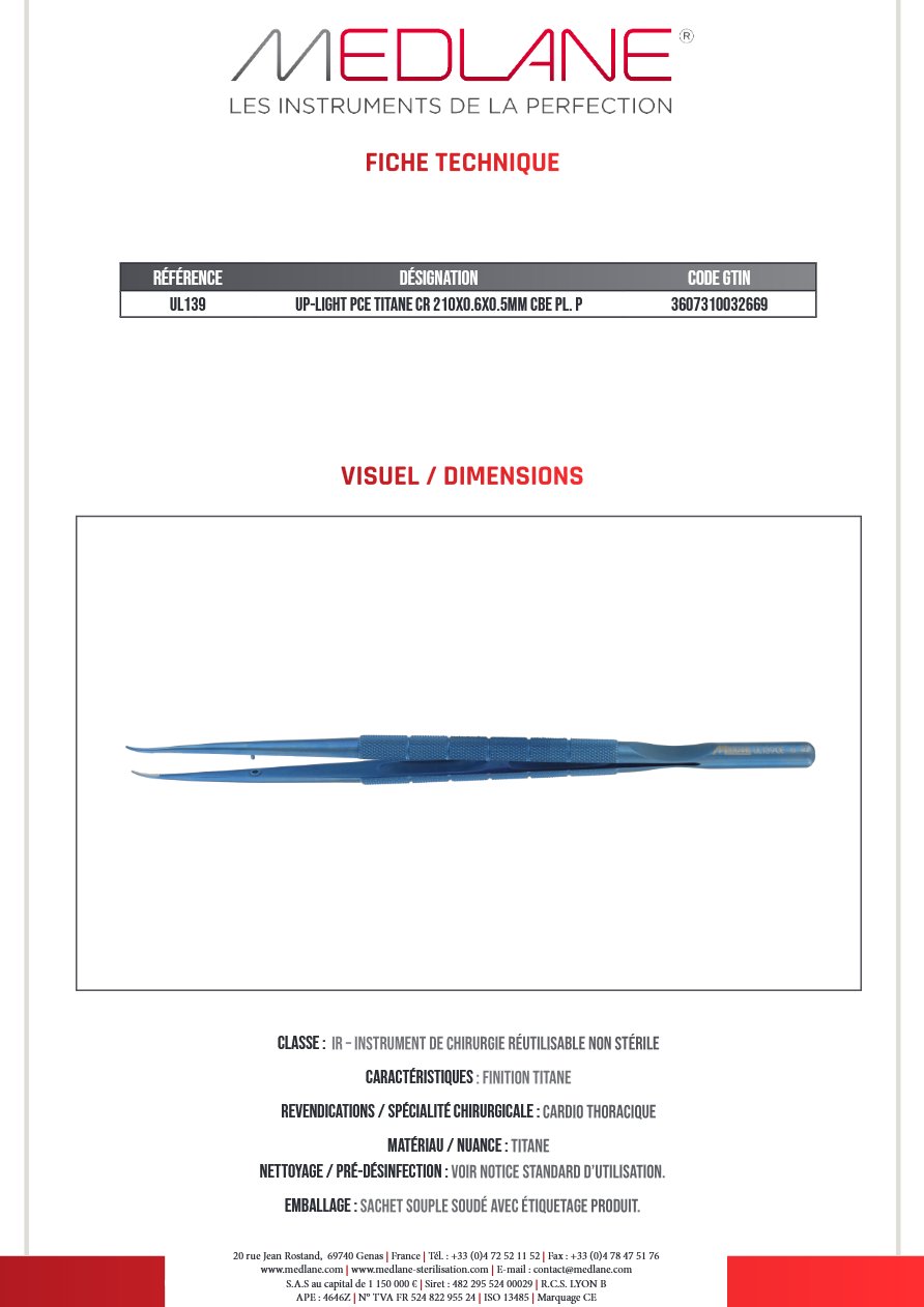 Photo produit MEDLANE : Up-light Pince Titane Cr 210X0.6X0.5MM Courbe Pl. P, référence UL139