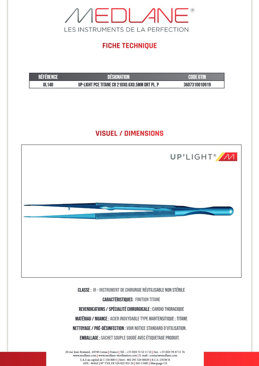 Up-light Pince Titane Cr 210X0.6X0.5MM Droit Pl. P — REF UL140