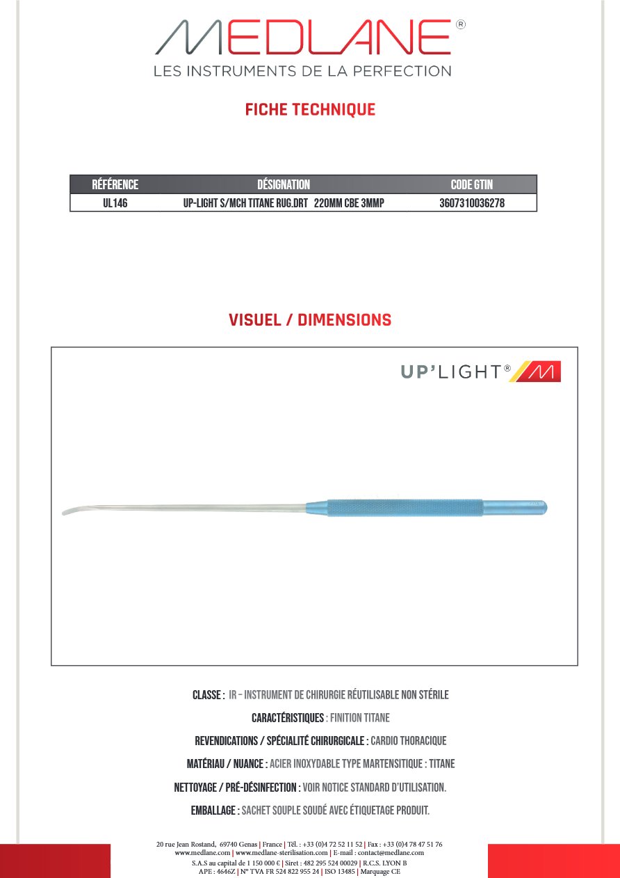 Up-light S/mch Titane Rug. droit 220MM Courbe 3MMP — REF UL146