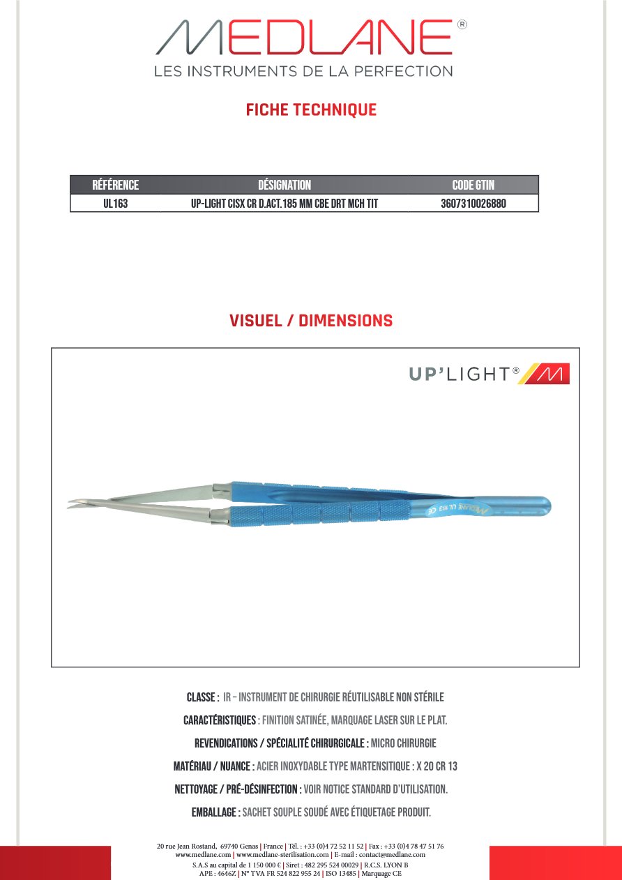 Up-light Ciseaux Cr D. act.185 mm Courbe Droit Manche Titane — REF UL163