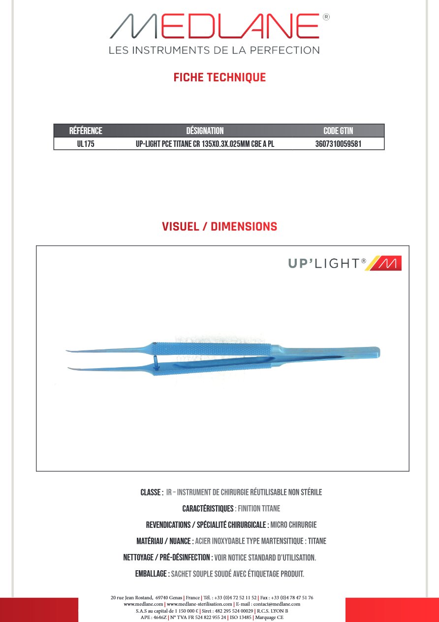 UP-LIGHT Pince TITANE CR 135X0.3X.025MM Courbe A PL — REF UL175
