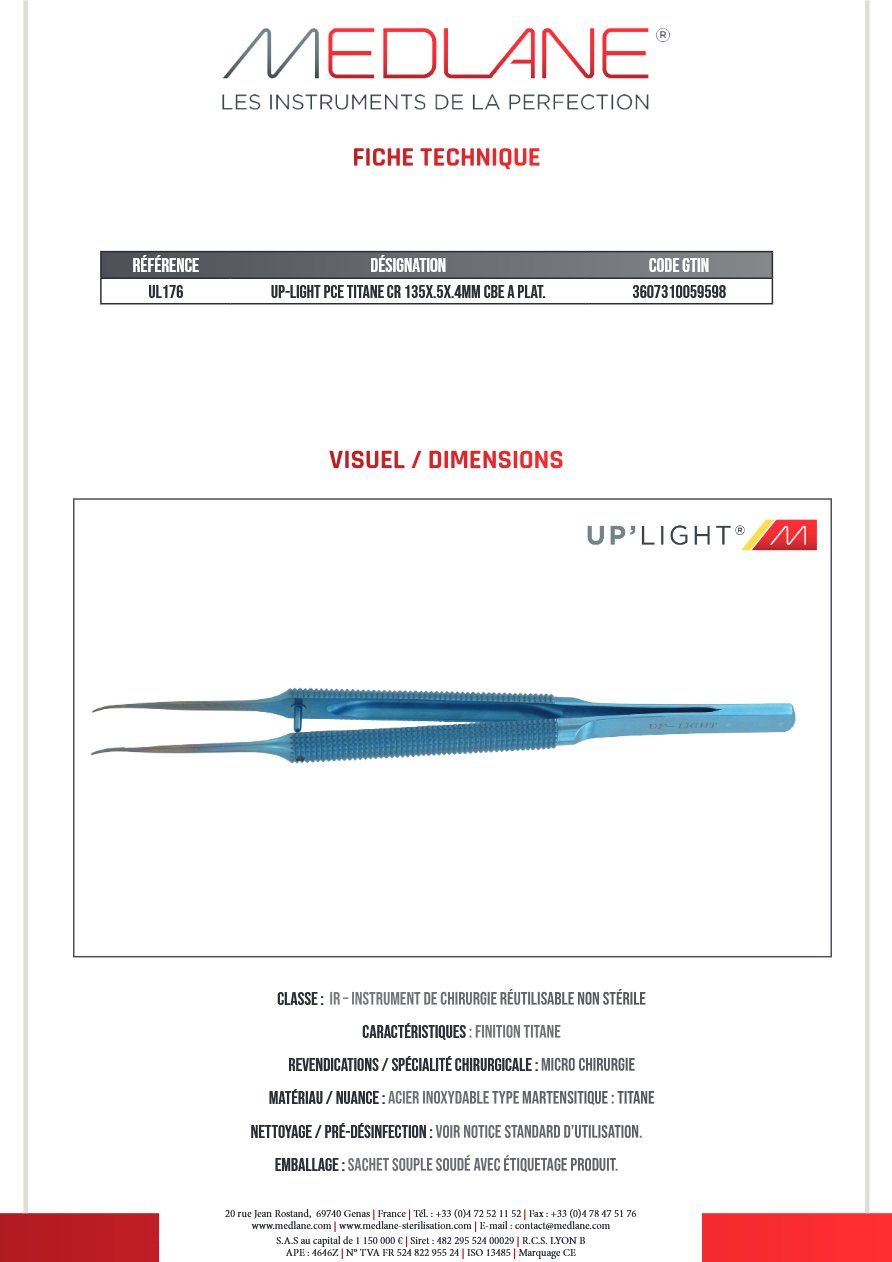UP-LIGHT Pince TITANE CR 135X.5X.4MM Courbe A PLAT. — REF UL176