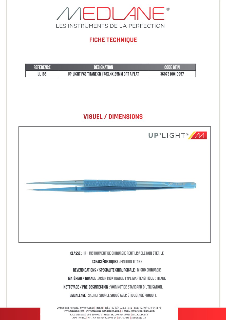 Up-light Pince Titane Cr 178X.4X.25MM Droit a Plateau — REF UL185