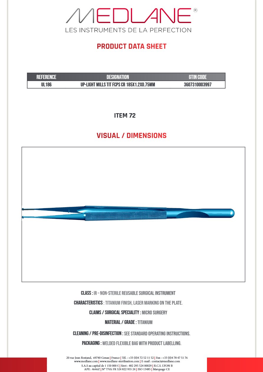 Up-light Pince Titane Cr 185X1.2X0.75MM Mills Pl — REF UL186