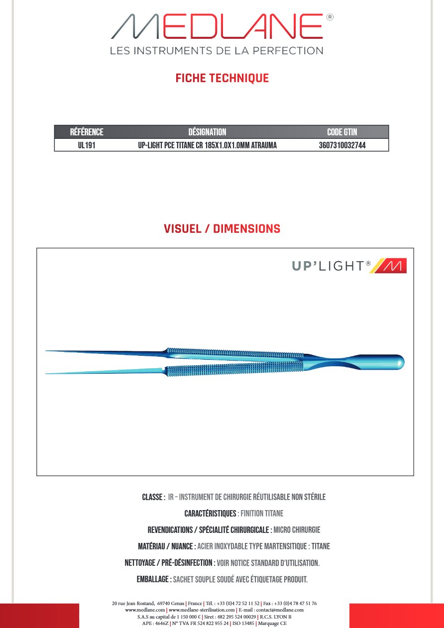 Up-light Pince Titane Cr 185X1.0X1.0MM Atrauma — REF UL191