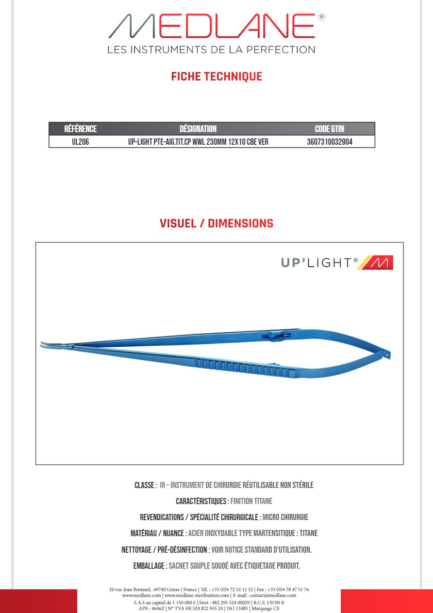 Up-light Pointe-Aiguille titane cp Wwl 230MM 12X10 Courbe Ver — REF UL206