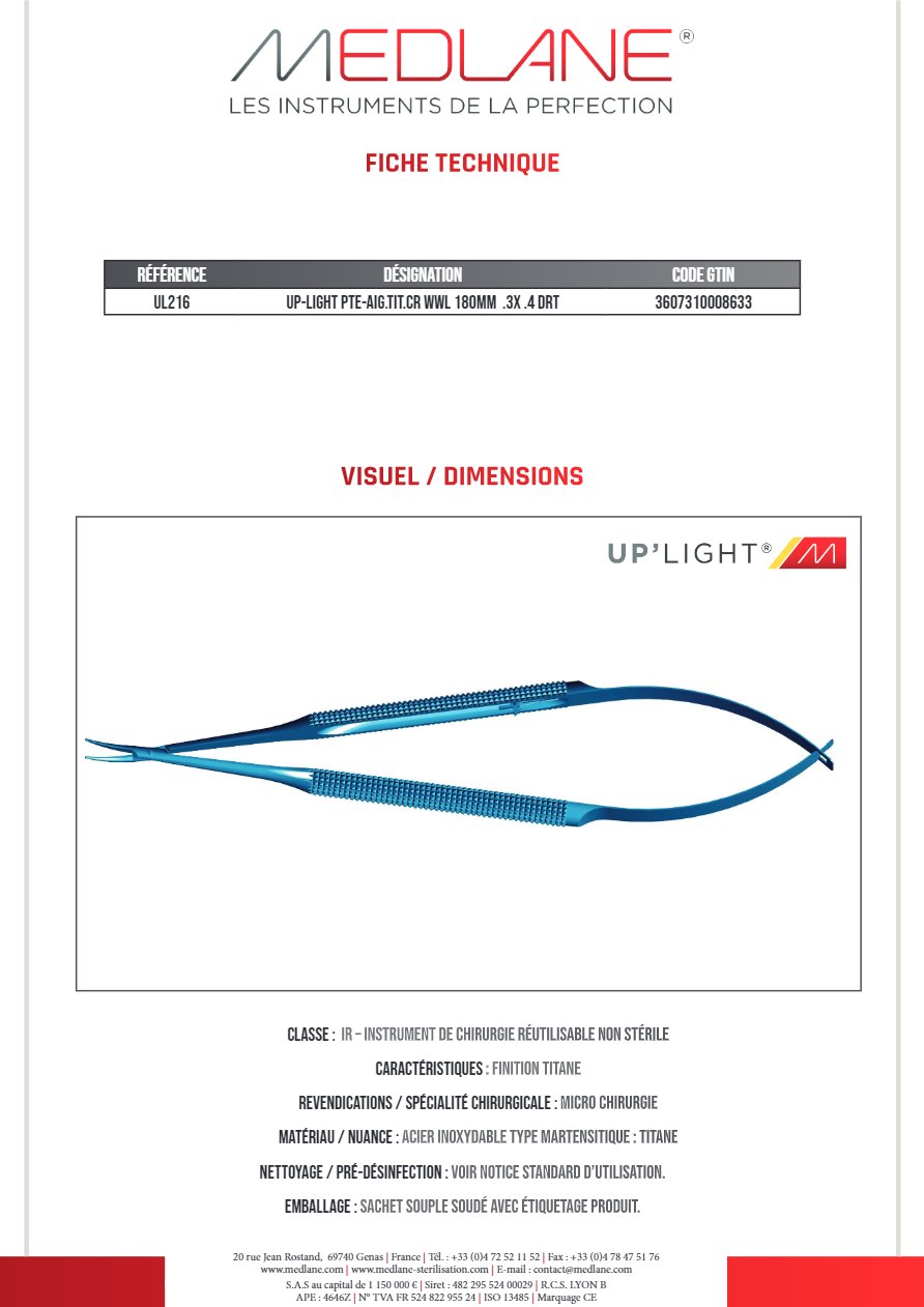 Up-light Pointe-Aiguille titane cr Wwl 180MM.3x.4 Droit — REF UL216