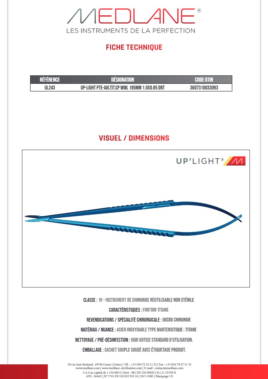 Up-light Pointe-Aiguille titane cp Wwl 185MM 1.0X0.85 Droit — REF UL243