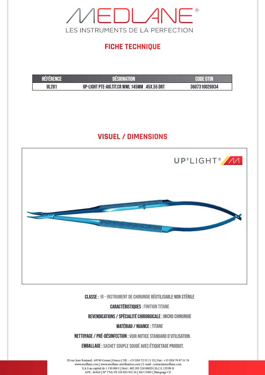 UP-LIGHT PTE-Aiguille Titane CR WWL 145MM.45X.55 Droit — REF UL281