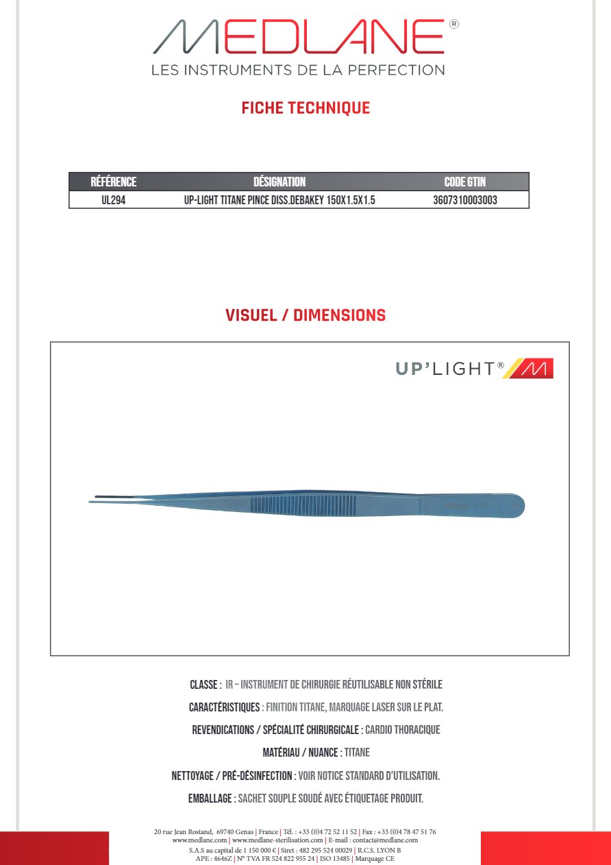 Up-light Titane Pince Dissection debakey 150X1.5X1.5 — REF UL294