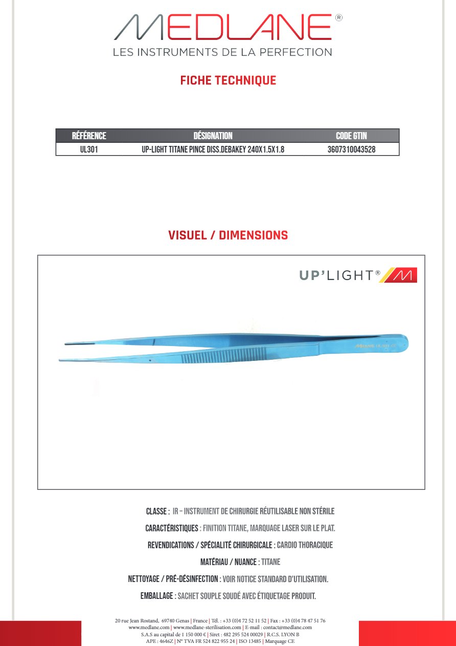 Up-light Titane Pince Dissection debakey 240X1.5X1.8 — REF UL301