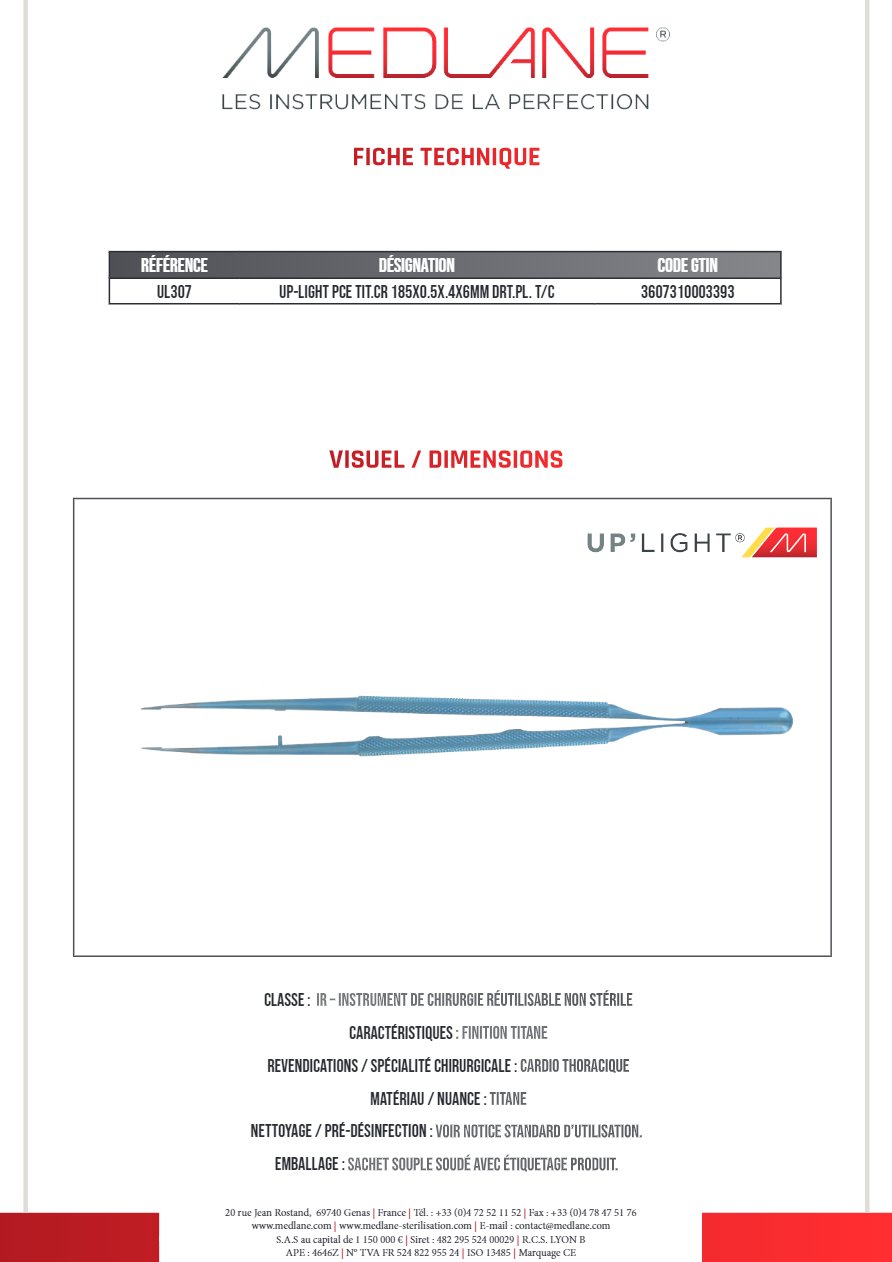 Up-light Pince Titane cr 185X0.5X.4X6MM Droit pl. T/c — REF UL307