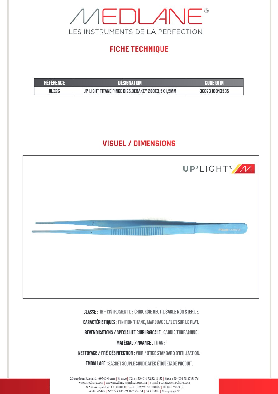 Up-light Titane Pince Dissection debakey 200X3,5X1,5MM — REF UL326